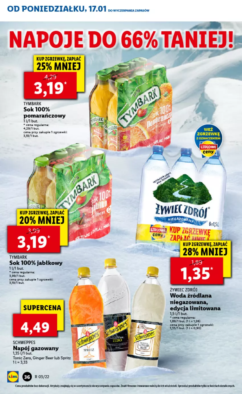 Gazetka promocyjna Lidl - GAZETKA - ważna 17.01 do 19.01.2022 - strona 36 - produkty: Gin, LANA, Napój, Napój gazowany, Napoje, Schweppes, Sok, Tymbark, Woda