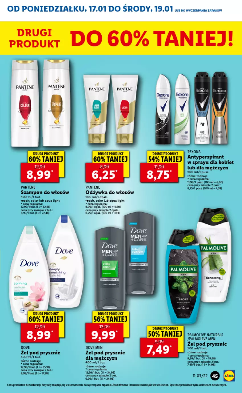 Gazetka promocyjna Lidl - GAZETKA - ważna 17.01 do 19.01.2022 - strona 45 - produkty: Antyperspirant, Dove, Fa, Odżywka, Palmolive, Pantene, Por, Szampon