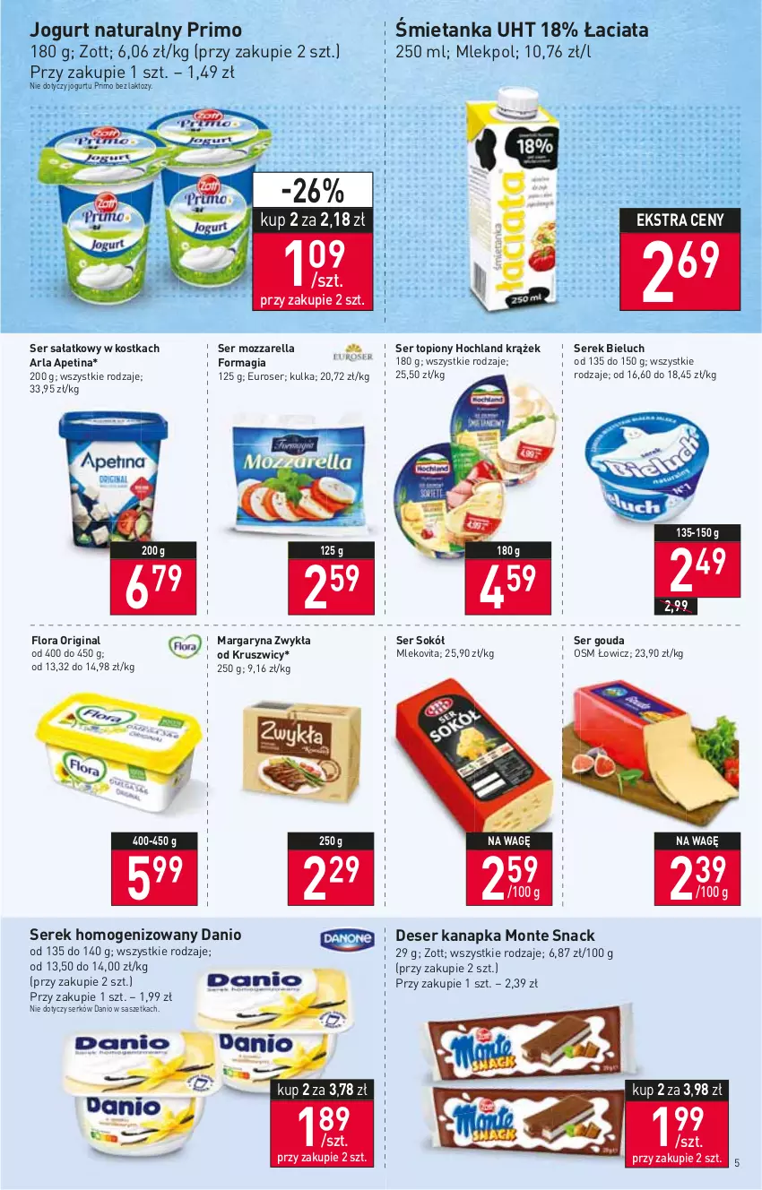 Gazetka promocyjna Stokrotka - Market - ważna 27.01 do 02.02.2022 - strona 5 - produkty: Bieluch, Danio, Deser, Flora, Gin, Gouda, Hochland, Jogurt, Jogurt naturalny, Margaryna, Mleko, Mlekovita, Monte, Mozzarella, Sałat, Ser, Ser topiony, Serek, Serek homogenizowany, Sok, Sokół, Top, Zott