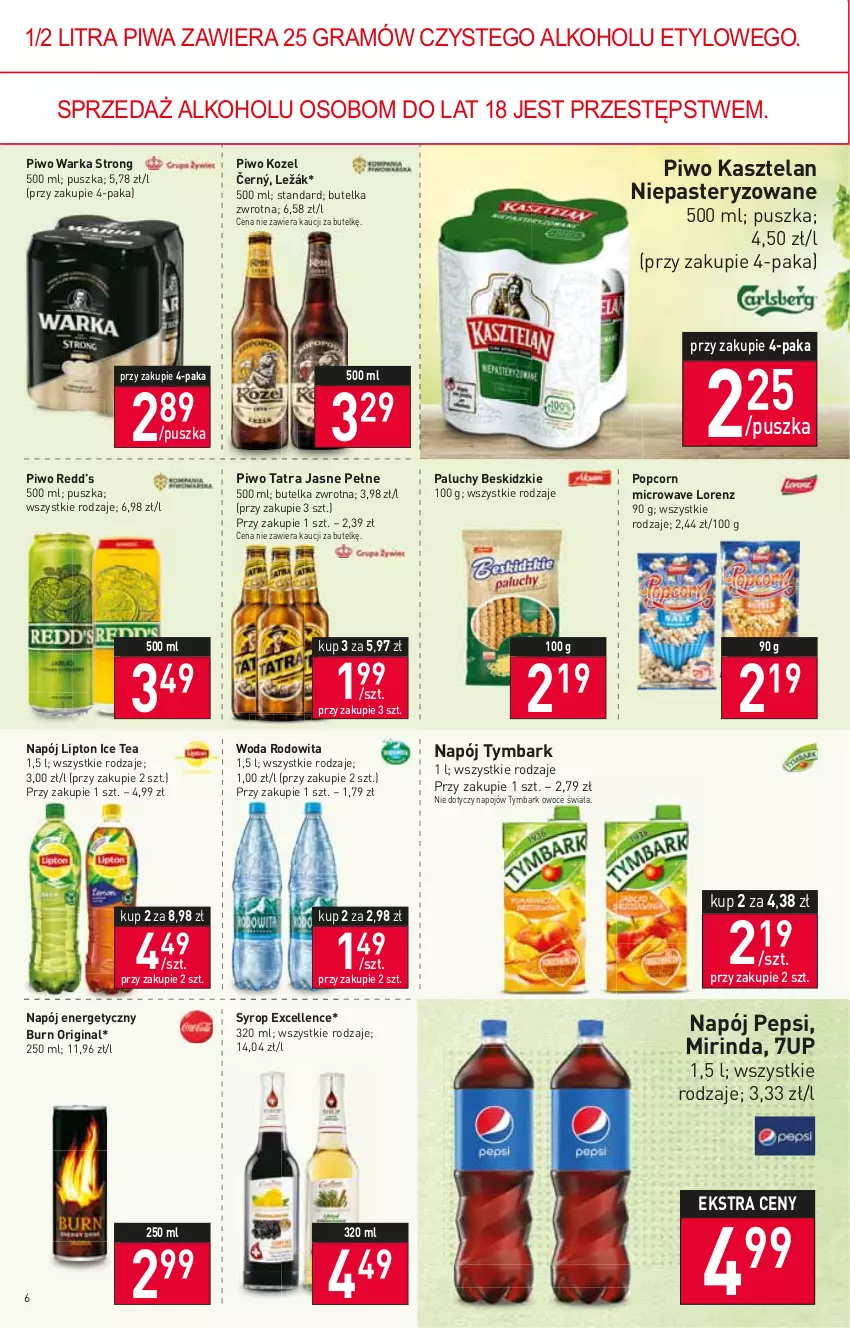 Gazetka promocyjna Stokrotka - Market - ważna 27.01 do 02.02.2022 - strona 6 - produkty: 7up, Beskidzki, Gin, Gra, Ice tea, Kasztelan, Kozel, Lipton, Lorenz, Mirinda, Napój, Napój energetyczny, Owoce, Pepsi, Piwa, Piwo, Popcorn, Syrop, Tatra, Tymbark, Warka, Woda