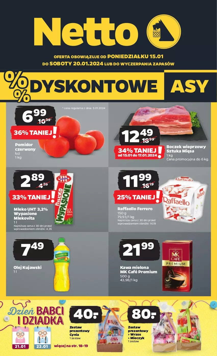 Gazetka promocyjna Netto - Artykuły spożywcze - ważna 15.01 do 20.01.2024 - strona 1 - produkty: Boczek, Boczek wieprzowy, Fa, Ferrero, Kawa, Kawa mielona, Kujawski, Miecz, Mleko, Mlekovita, Olej, Raffaello, Zestaw prezentowy