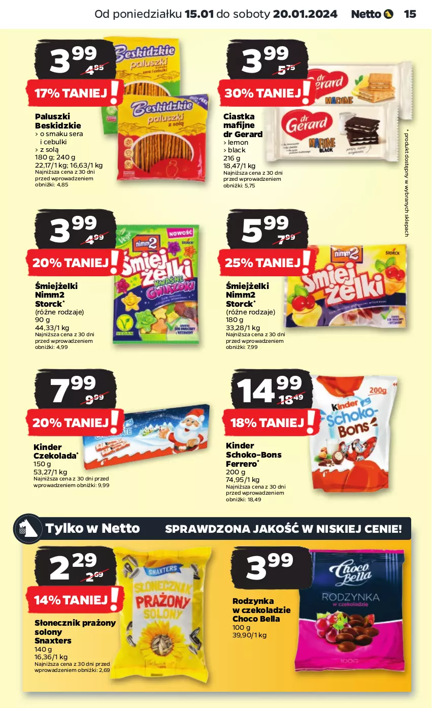 Gazetka promocyjna Netto - Artykuły spożywcze - ważna 15.01 do 20.01.2024 - strona 15 - produkty: Bell, Bella, Beskidzki, Ciastka, Czekolada, Dr Gerard, Ferrero, Kinder, Lack, Nimm2, Ser, Słonecznik prażony