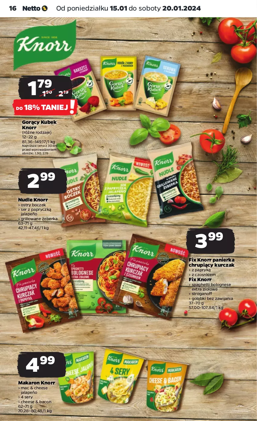 Gazetka promocyjna Netto - Artykuły spożywcze - ważna 15.01 do 20.01.2024 - strona 16 - produkty: Boczek, Grill, Knorr, Kubek, Kurczak, Makaron, Ser, Spaghetti