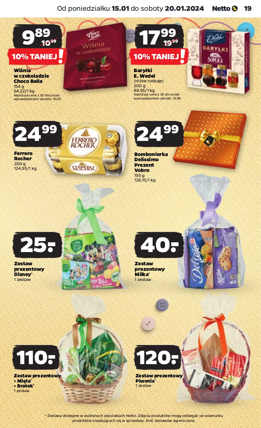 Gazetka promocyjna Netto - Artykuły spożywcze - ważna 15.01 do 20.01.2024 - strona 19 - produkty: Baryłki, Bell, Bella, Deliss, Disney, E. Wedel, Ferrero, Ferrero Rocher, Gra, Mięta, Milka, Piwo, Zestaw prezentowy