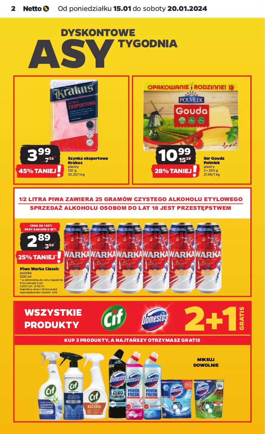 Gazetka promocyjna Netto - Artykuły spożywcze - ważna 15.01 do 20.01.2024 - strona 2 - produkty: Gouda, Gra, Krakus, Piwa, Piwo, POLMLEK, Por, Ser, Sport, Szynka, Warka