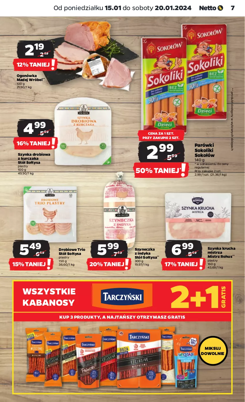 Gazetka promocyjna Netto - Artykuły spożywcze - ważna 15.01 do 20.01.2024 - strona 7 - produkty: Gra, Kabanos, Kurczak, Madej Wróbel, Ogonówka, Parówki, Parówki sokoliki, Sok, Sokołów, Stół, Szynka