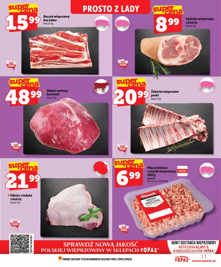 Gazetka promocyjna Topaz - Gazetka - ważna 18.06 do 24.06.2026 - strona 11 - produkty: Boczek, Boczek wieprzowy, Golonka wieprzowa, Mięso, Mięso mielone, Olewnik, Top, Udziec wołowy