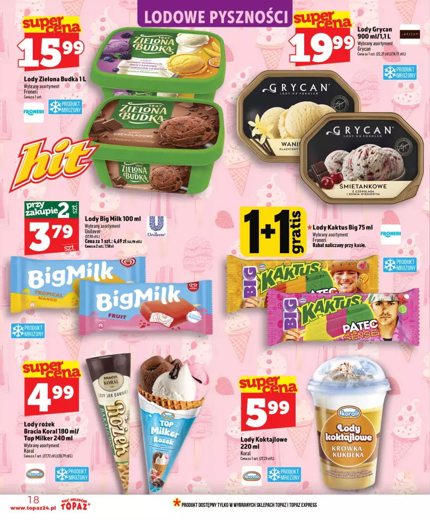 Gazetka promocyjna Topaz - Gazetka - ważna 18.06 do 24.06.2026 - strona 18 - produkty: Big Milk, Gry, Kaktus, Lody, Sos, Top, Zielona Budka