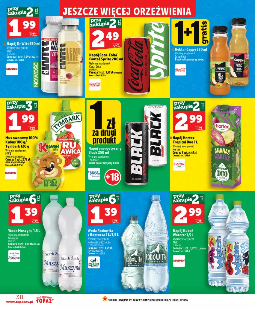 Gazetka promocyjna Topaz - Gazetka - ważna 18.06 do 24.06.2026 - strona 38 - produkty: Coca-Cola, Fa, Fanta, Hortex, Kubuś, Mus, Napój, Por, Sprite, Top, Tropical, Tymbark