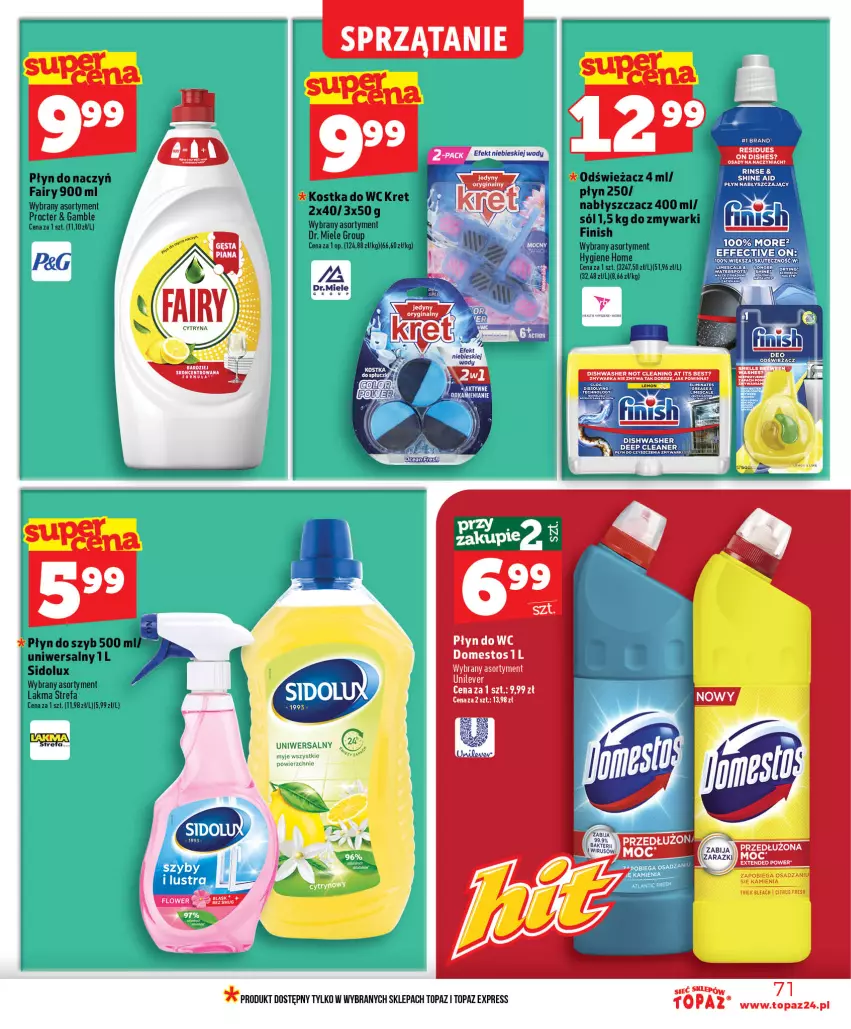 Gazetka promocyjna Topaz - Gazetka - ważna 18.06 do 24.06.2026 - strona 71 - produkty: Domestos, Fa, Finish, Kostka do wc, Kret, Płyn do szyb, Sidolux, Sól, Sprzątanie, Top, Zmywarki