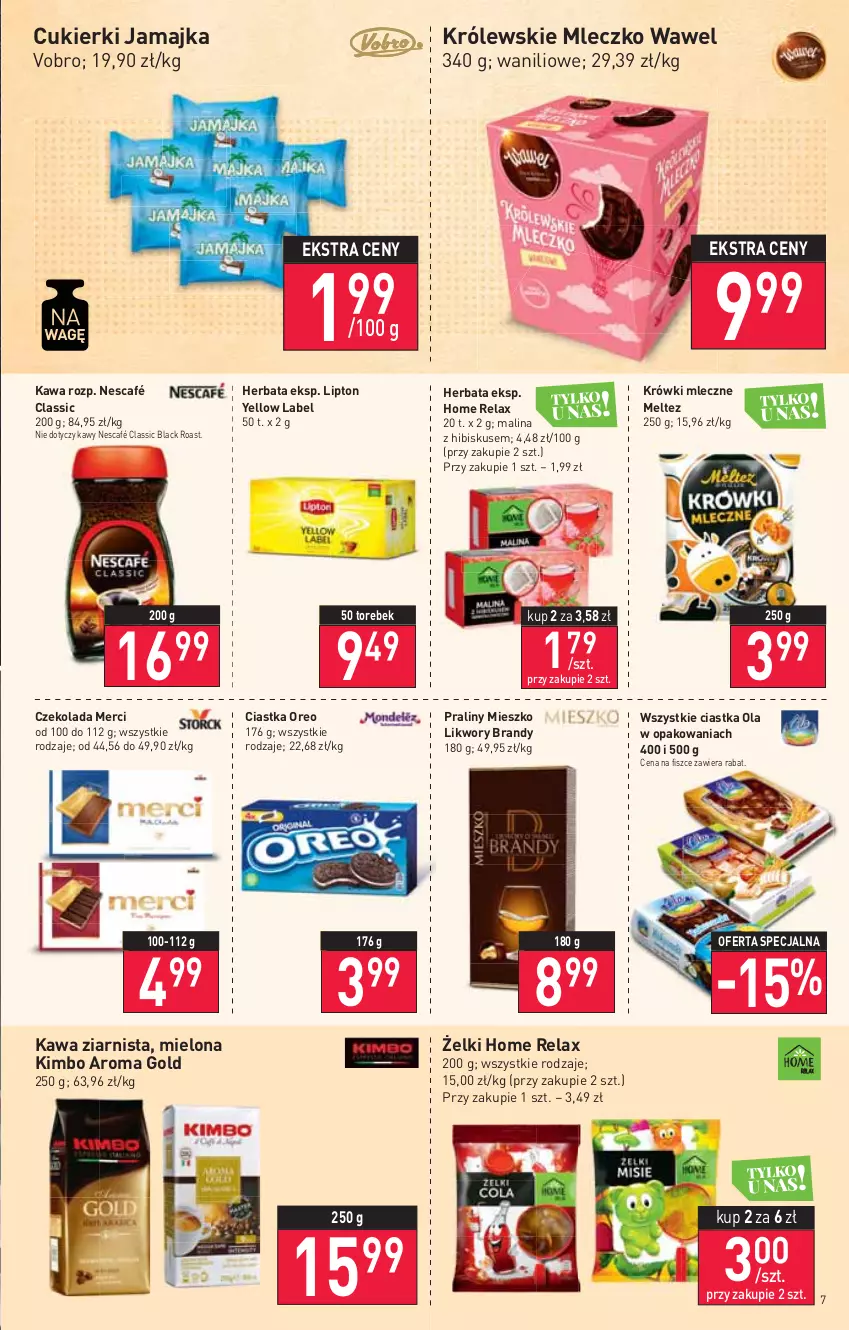 Gazetka promocyjna Stokrotka - Supermarket - ważna 03.02 do 09.02.2022 - strona 7 - produkty: Brandy, Ciastka, Cukier, Cukierki, Czekolada, Herbata, Hibiskus, Kawa, Kawa ziarnista, Królewski, Królewskie Mleczko, Krówki mleczne, Lack, Lipton, Merci, Mleczko, Nescafé, Oreo, Praliny, Wawel