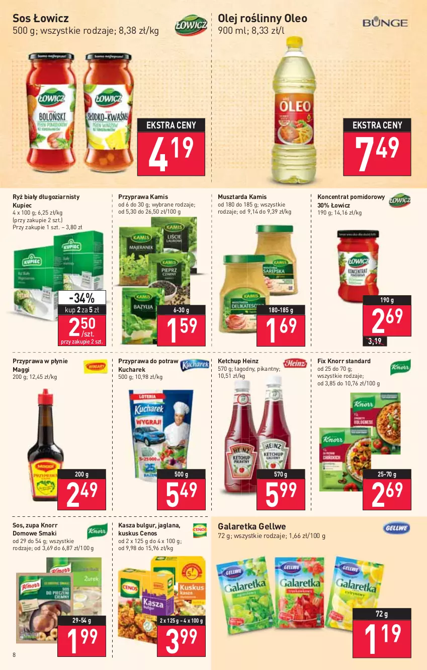 Gazetka promocyjna Stokrotka - Supermarket - ważna 03.02 do 09.02.2022 - strona 8 - produkty: Bulgur, Cenos, Gala, Galaretka, Heinz, Kamis, Kasza, Ketchup, Knorr, Koncentrat pomidorowy, Kucharek, Kupiec, Kuskus, LANA, LG, Maggi, Mus, Musztarda, Olej, Olej roślinny, Oleo, Piec, Przyprawa do potraw, Przyprawa w płynie, Ryż, Ryż biały, Sos, Zupa