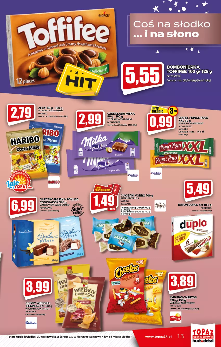 Gazetka promocyjna Topaz - Gazetka - ważna 26.08 do 01.09.2021 - strona 13 - produkty: Baton, Cheetos, Chipsy, Chrupki, Cukier, Cukierki, Ferrero, Haribo, Kokos, Milka, Mleczko, Prince Polo, Toffifee, Top