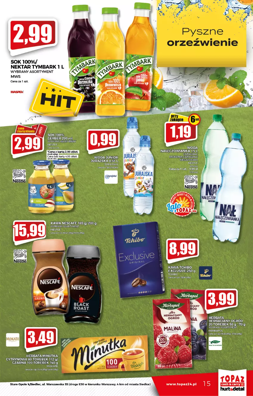 Gazetka promocyjna Topaz - Gazetka - ważna 26.08 do 01.09.2021 - strona 15 - produkty: Gerber, Gin, Herbapol, Herbata, Kawa, Nałęczowianka, Nektar, Ogród, Sok, Sos, Tchibo, Top, Tymbark, Woda