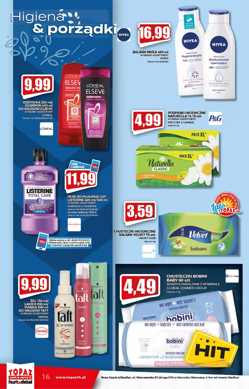 Gazetka promocyjna Topaz - Gazetka - ważna 26.08 do 01.09.2021 - strona 16 - produkty: Chusteczki, Elseve, Listerine, Naturell, Naturella, Nivea, Odżywka, Płyn do płukania, Podpaski, Szampon, Taft, Velvet