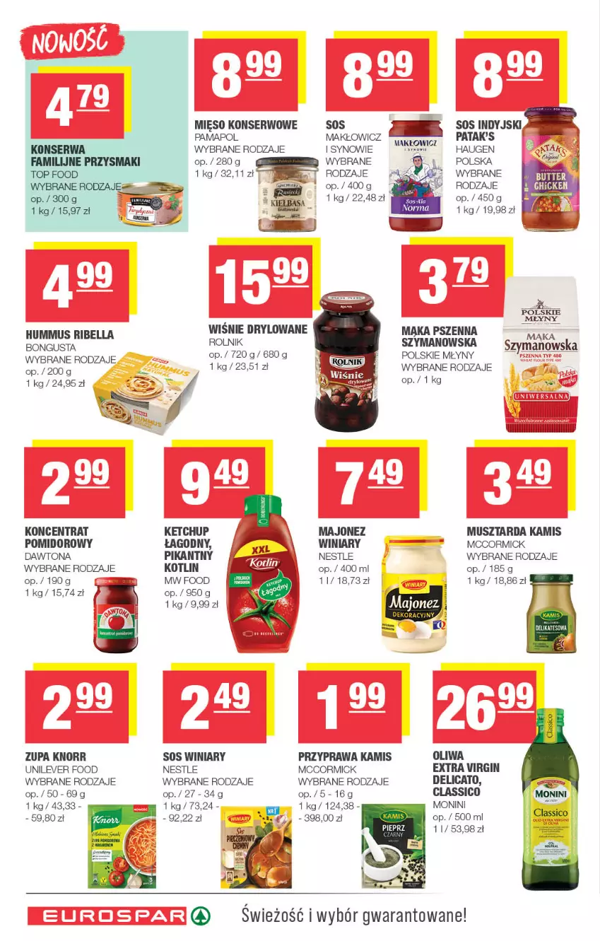 Gazetka promocyjna Spar - EuroSpar - ważna 16.11 do 26.11.2025 - strona 10 - produkty: Bell, Bella, Dawtona, Fa, Gin, Hummus, Kamis, Ketchup, Kiełbasa, Knorr, Kotlin, Majonez, Mąka, Mąka pszenna, Mięso, Monini, Mus, Musztarda, Patak's, Przysmaki, Ser, Winiary, Zupa