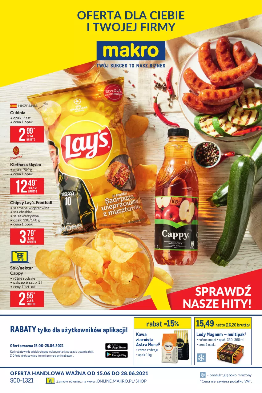 Gazetka promocyjna Makro - [Oferta promocyjna] Artykuły spożywcze - ważna 15.06 do 28.06.2021 - strona 1 - produkty: Cappy, Cheddar, Chipsy, Kawa, Kawa ziarnista, Kiełbasa, Kiełbasa śląska, Lody, Nektar, Salsa, Ser, Sok, Wieprzowina