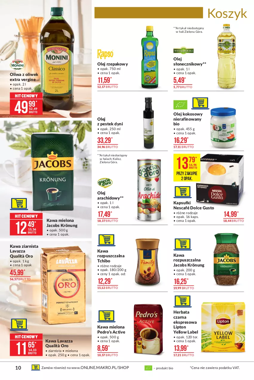 Gazetka promocyjna Makro - [Oferta promocyjna] Artykuły spożywcze - ważna 15.06 do 28.06.2021 - strona 10 - produkty: Dolce Gusto, Gin, Herbata, Herbata czarna, Jacobs, Jacobs Krönung, Kawa, Kawa mielona, Kawa rozpuszczalna, Kawa ziarnista, Kokos, Kosz, Lavazza, Lipton, Nescafé, Olej, Olej kokosowy, Olej rzepakowy, Olej słonecznikowy, Oliwa z oliwek, Stek, Tchibo