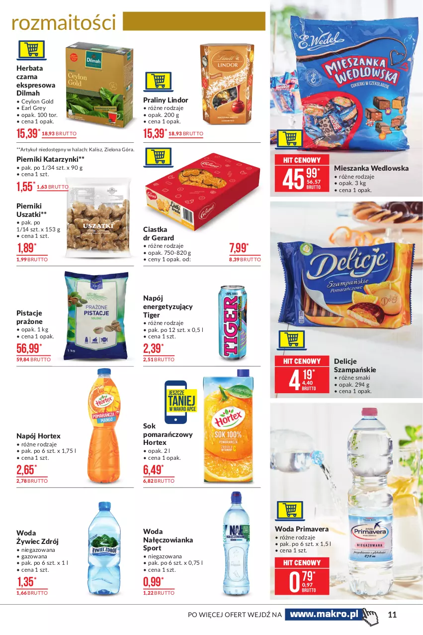 Gazetka promocyjna Makro - [Oferta promocyjna] Artykuły spożywcze - ważna 15.06 do 28.06.2021 - strona 11 - produkty: Ciastka, Delicje, Dilmah, Dr Gerard, Earl Grey, Herbata, Herbata czarna, Hortex, Lindor, Mieszanka wedlowska, Nałęczowianka, Napój, Piernik, Pistacje, Por, Praliny, Prima, Primavera, Sok, Sok pomarańczowy, Sport, Tiger, Woda