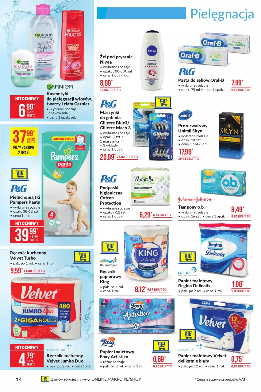 Gazetka promocyjna Makro - [Oferta promocyjna] Artykuły spożywcze - ważna 15.06 do 28.06.2021 - strona 14 - produkty: Foxy, Garnier, Gillette, Gin, Kosmetyki do pielęgnacji, Majtki, Maszynka, Nivea, O.B., Pampers, Papier, Papier toaletowy, Pasta do zębów, Pieluchomajtki, Podpaski, Prezerwatyw, Ręcznik, Ręcznik kuchenny, Skyn, Szynka, Tampony, Unimil, Velvet