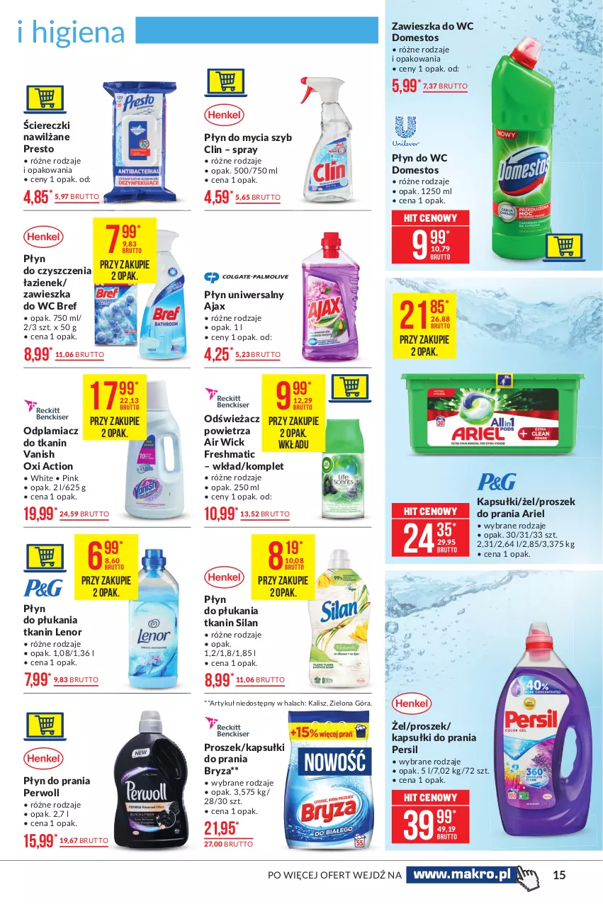 Gazetka promocyjna Makro - [Oferta promocyjna] Artykuły spożywcze - ważna 15.06 do 28.06.2021 - strona 15 - produkty: Air Wick, Ajax, Ariel, Bref, Bryza, Clin, Domestos, Kapsułki do prania, Lenor, Odplamiacz, Persil, Perwoll, Płyn do mycia, Płyn do płukania, Płyn do prania, Płyn do wc, Presto, Proszek do prania, Silan, Vanish, Zawieszka do wc