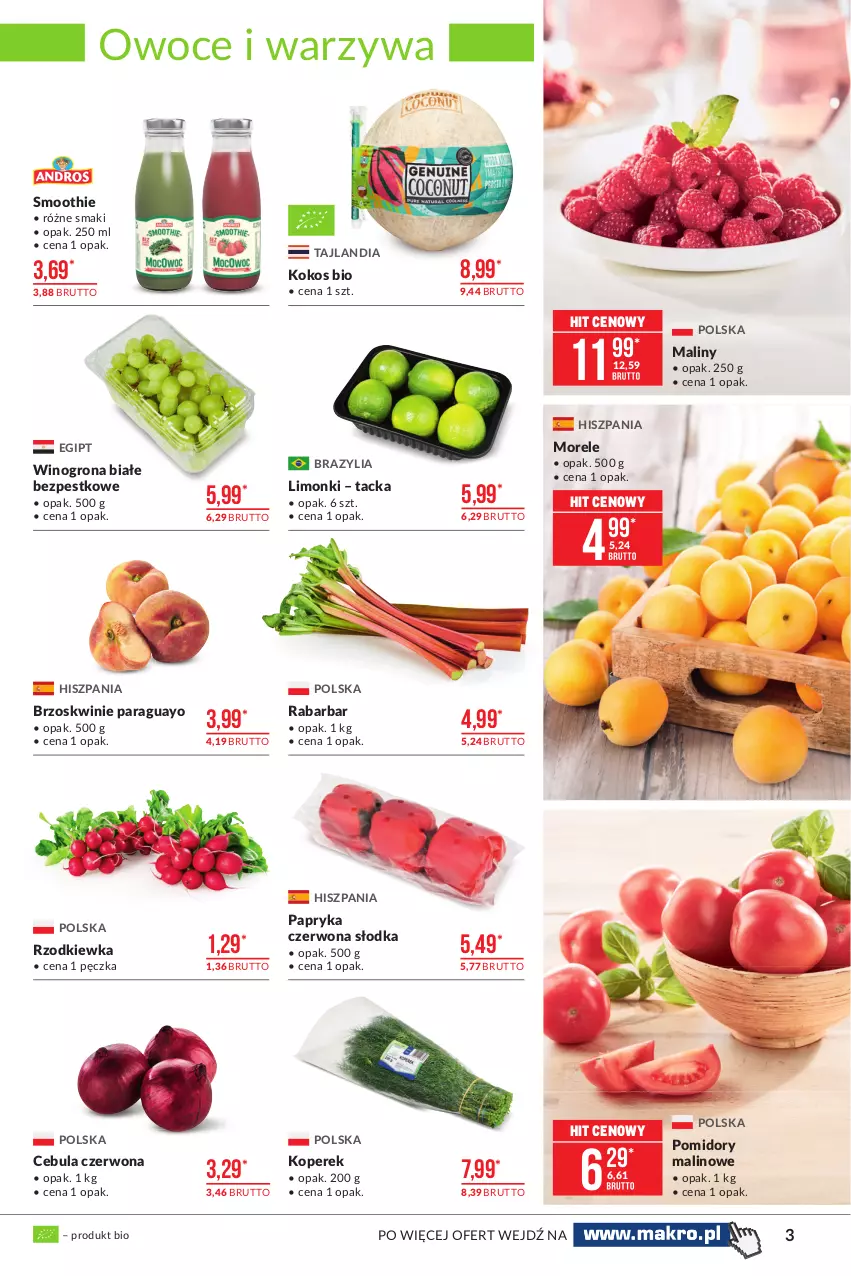 Gazetka promocyjna Makro - [Oferta promocyjna] Artykuły spożywcze - ważna 15.06 do 28.06.2021 - strona 3 - produkty: Brzoskwinie, Cebula, Cebula czerwona, Kokos, Maliny, Owoce, Papryka, Papryka czerwona, Pomidory, Rzodkiewka, Smoothie, Warzywa, Wino, Winogrona