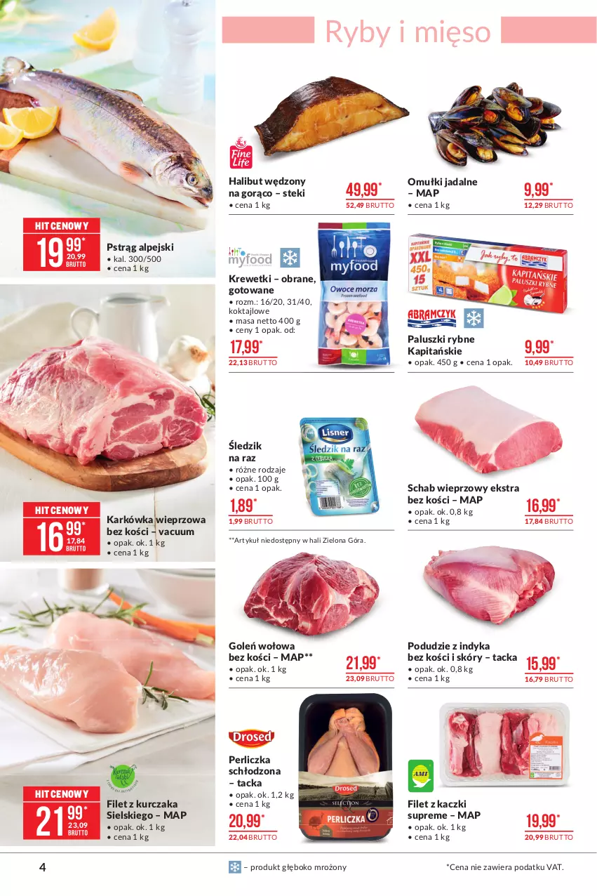 Gazetka promocyjna Makro - [Oferta promocyjna] Artykuły spożywcze - ważna 15.06 do 28.06.2021 - strona 4 - produkty: Halibut, Karkówka wieprzowa, Krewetki, Kurczak, Mięso, Omułki jadalne, Paluszki rybne, Perliczka, Pstrąg, Schab wieprzowy, Stek