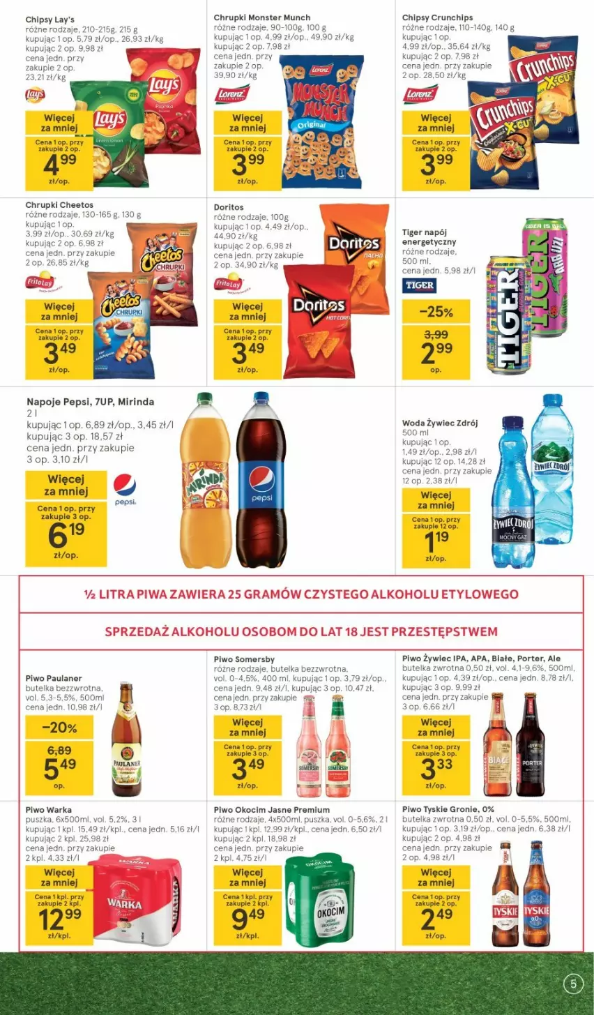 Gazetka promocyjna Tesco - Tesco gazetka - przyszły tydzień - ważna 17.06 do 23.06.2021 - strona 5 - produkty: 7up, Cheetos, Chipsy, Chrupki, Crunchips, Koc, Mirinda, Napój, Napój energetyczny, Napoje, Okocim, Pepsi, Piwo, Por, Somersby, Tiger, Tyskie, Warka, Woda