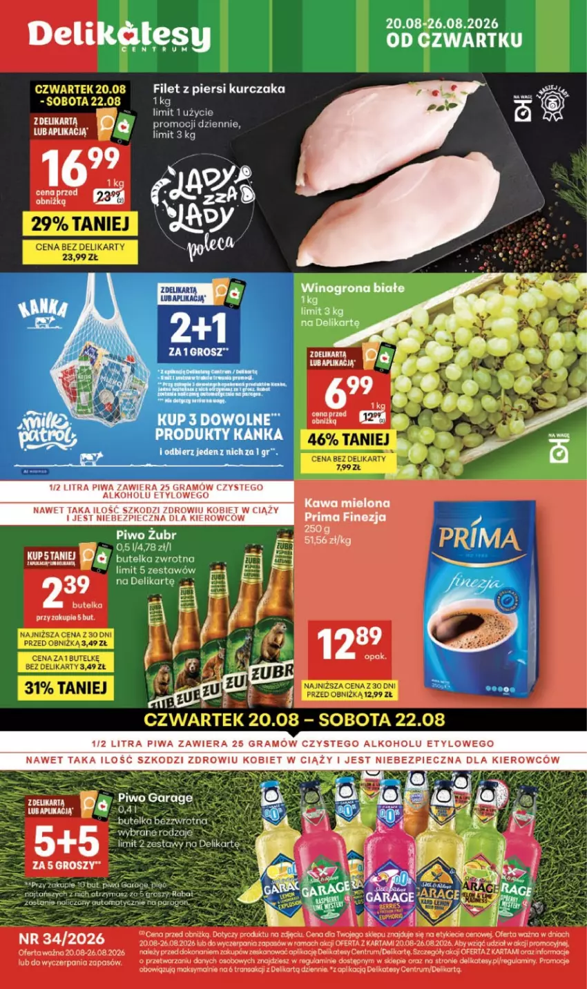 Gazetka promocyjna Delikatesy Centrum - Franczyza DC34 Czwartek - ważna 20.08 do 26.08.2026 - strona 1 - produkty: Filet z piersi kurczaka, Gra, Kurczak, Piec, Piwa, Piwo, Rama, Rum, Tran, Wino, Winogrona