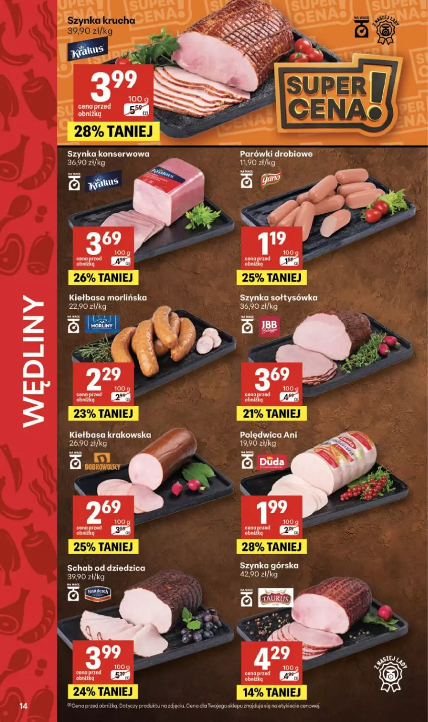 Gazetka promocyjna Delikatesy Centrum - Franczyza DC34 Czwartek - ważna 20.08 do 26.08.2026 - strona 14 - produkty: Fa, Kiełbasa, Kiełbasa krakowska, Parówki, Polędwica, Ser, Szynka, Szynka konserwowa