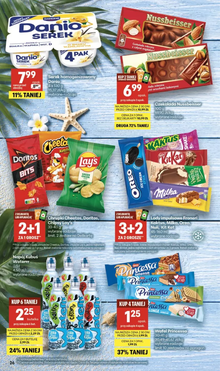 Gazetka promocyjna Delikatesy Centrum - Franczyza DC34 Czwartek - ważna 20.08 do 26.08.2026 - strona 26 - produkty: Cheetos, Chipsy, Kit Kat, Kubuś, Kubuś Waterrr, Napój, Ser, Serek