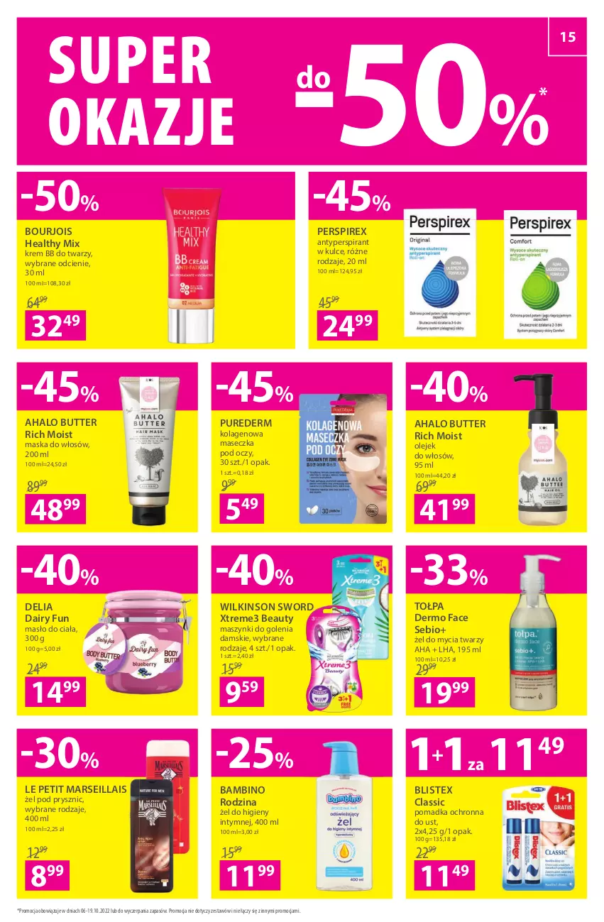 Gazetka promocyjna Hebe - Gazetka - ważna 06.10 do 19.10.2022 - strona 15 - produkty: Antyperspirant, Bourjois, Fa, Halo, Kolagen, Krem bb, Mars, Maseczka pod oczy, Maska, Maska do włosów, Masło, Masło do ciała, Olej, Pur, Tołpa, Wilkinson Sword