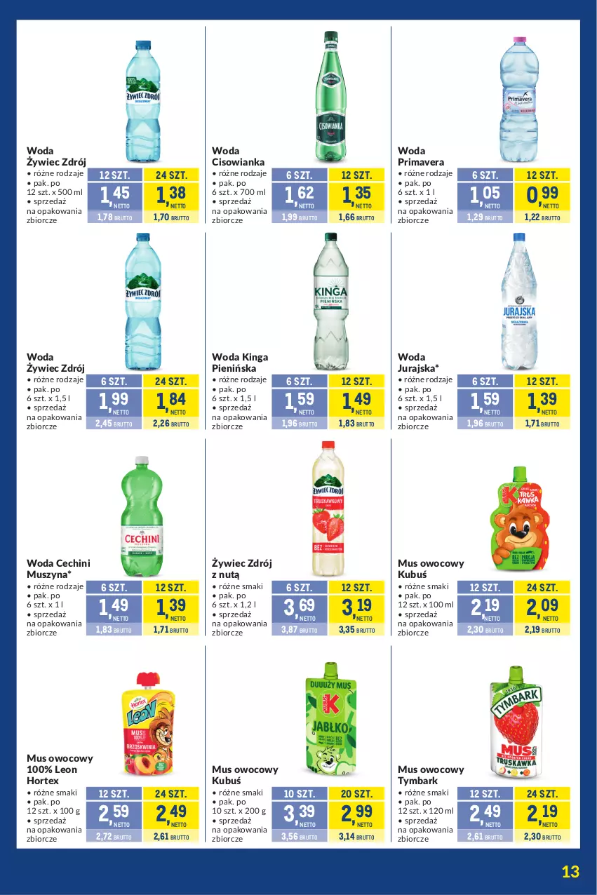 Gazetka promocyjna Makro - Kupujesz więcej płacisz mniej - ważna 21.01 do 17.02.2025 - strona 13 - produkty: Cisowianka, Hortex, Kubuś, Leon, Mus, Prima, Primavera, Szyna, Tymbark, Woda