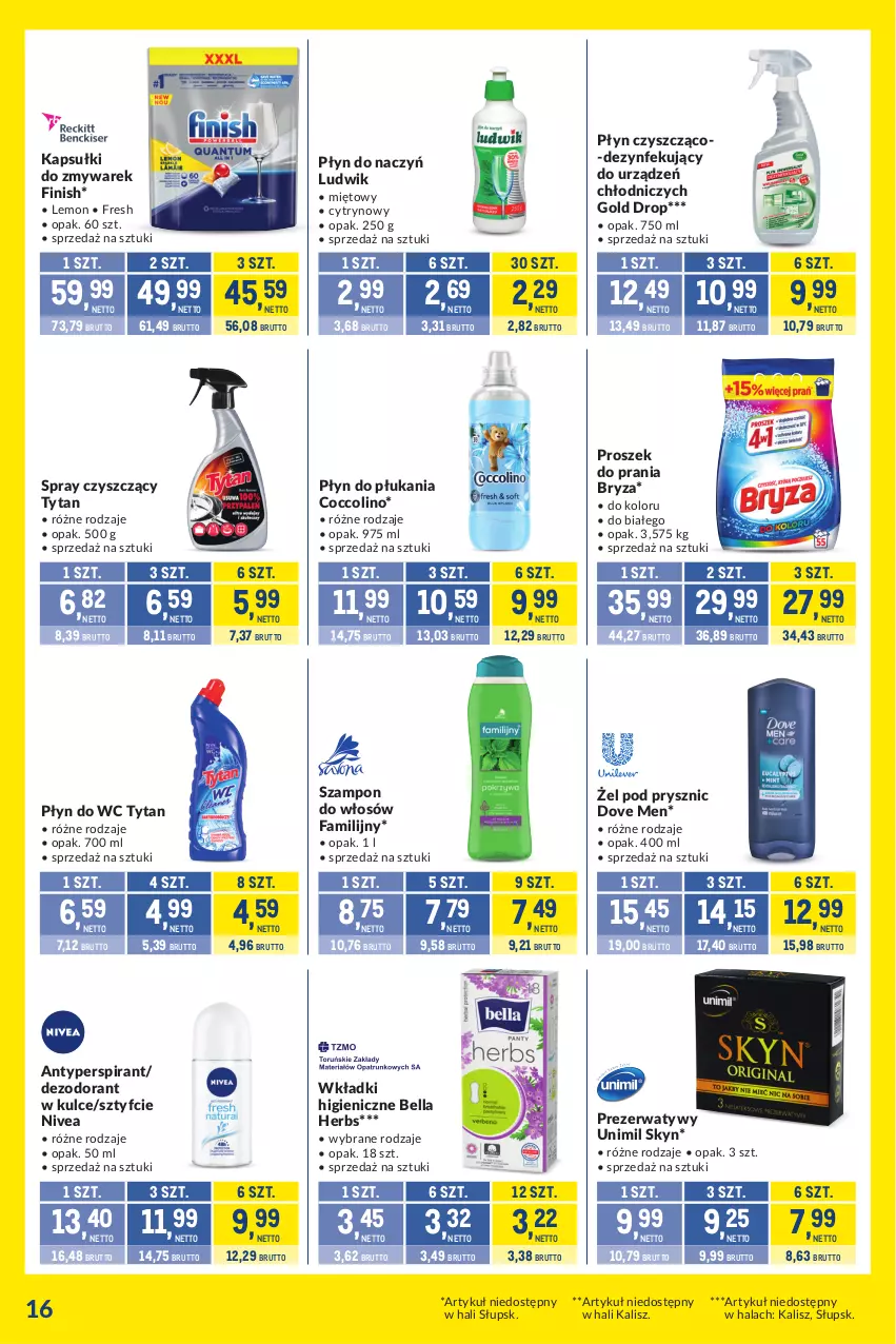 Gazetka promocyjna Makro - Kupujesz więcej płacisz mniej - ważna 21.01 do 17.02.2025 - strona 16 - produkty: Antyperspirant, Bell, Bella, Bryza, Coccolino, Dezodorant, Dove, Fa, Finish, Ludwik, Nivea, Płyn do płukania, Płyn do wc, Prezerwatyw, Proszek do prania, Skyn, Szampon, Tytan, Unimil, Wkładki