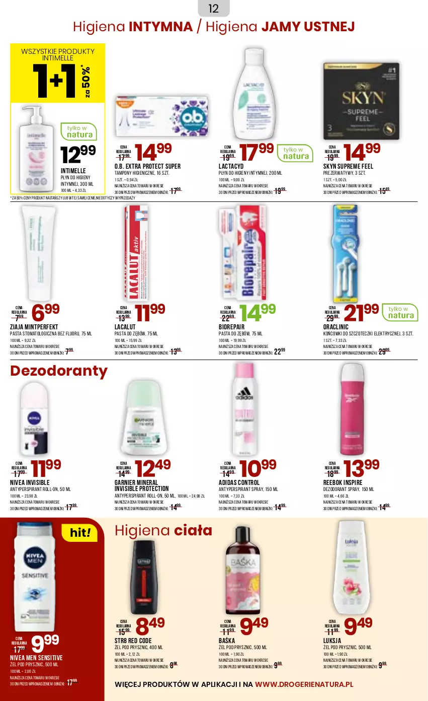 Gazetka promocyjna Drogerie Natura - Gazetka Drogerie Natura - ważna 23.06 do 04.07.2025 - strona 12 - produkty: Adidas, Antyperspirant, Biorepair, Clin, Control, Dezodorant, Garnier, Higiena jamy ustnej, Lacalut, Lactacyd, Luksja, Nivea, Nivea Men, O.B., Pasta do zębów, Płyn do higieny intymnej, Prezerwatyw, Skyn, Str8, Tampony, Ziaja