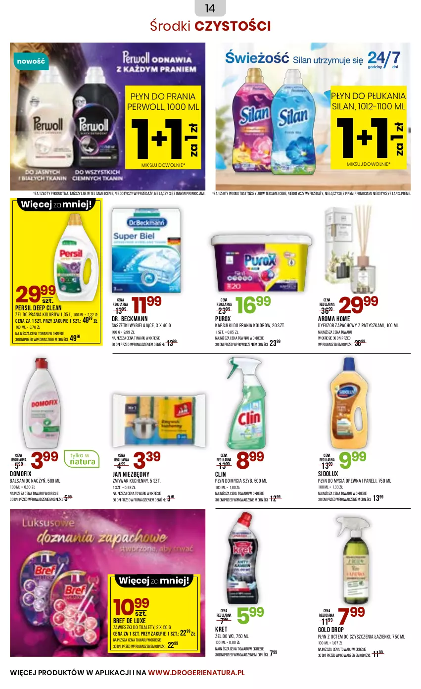 Gazetka promocyjna Drogerie Natura - Gazetka Drogerie Natura - ważna 23.06 do 04.07.2025 - strona 14 - produkty: Bref, Clin, Dyfuzor zapachowy, Jan Niezbędny, Kapsułki do prania, Kret, Persil, Perwoll, Płyn do mycia, Płyn do płukania, Płyn do prania, Pur, Sidolux, Silan, Zawieszki