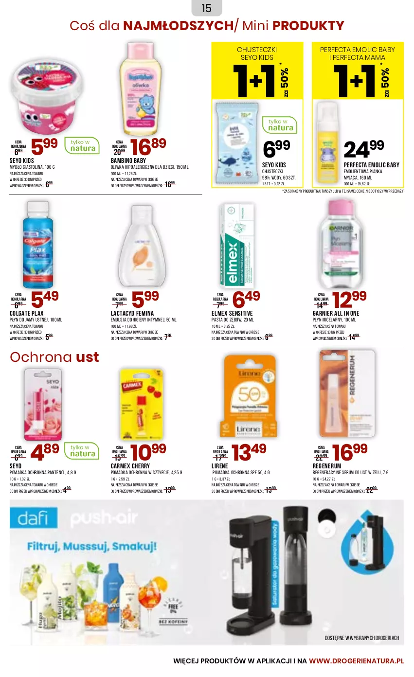 Gazetka promocyjna Drogerie Natura - Gazetka Drogerie Natura - ważna 23.06 do 04.07.2025 - strona 15 - produkty: Chusteczki, Colgate, Dzieci, Elmex, Emulsja, Garnier, Lactacyd, LG, Lirene, Mydło, Pasta do zębów, Perfecta, Płyn micelarny, Rum, Ser, Serum