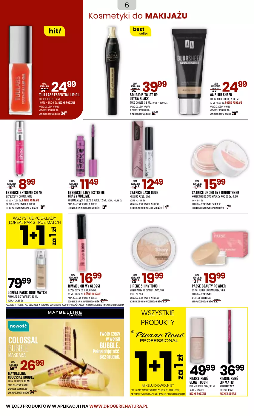 Gazetka promocyjna Drogerie Natura - Gazetka Drogerie Natura - ważna 23.06 do 04.07.2025 - strona 6 - produkty: Bell, Błyszczyk do ust, Bourjois, Catrice, Klej, Konturówka do ust, Krem bb, Lack, Lirene, Makijaż, Maska, Maskara, Maybelline, Olej, PAESE, Pierre René, Podkład, Podkład do twarzy, Puder, Rozświetlacz, Rum, Ser, Serum, Tusz