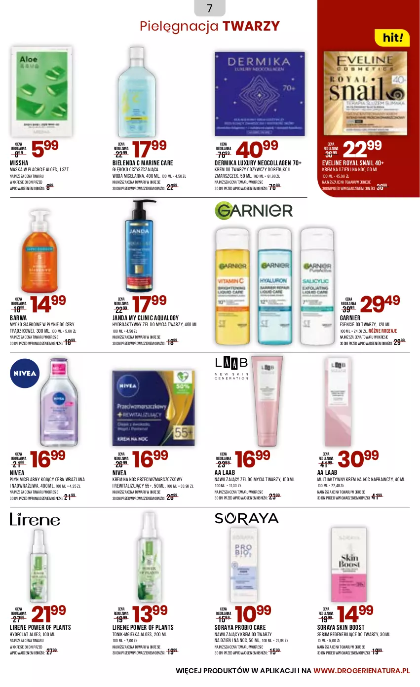Gazetka promocyjna Drogerie Natura - Gazetka Drogerie Natura - ważna 23.06 do 04.07.2025 - strona 7 - produkty: Bielenda, Clin, Dermika, Eveline, Garnier, Hydrolat, Krem do twarzy, Krem na dzień, Krem na dzień i na noc, Krem na noc, Lirene, Mars, Maska, Maska w płachcie, MISSHA, Mydło, Nivea, Płyn micelarny, Rum, Ser, Serum, Tonik, Woda, Woda micelarna