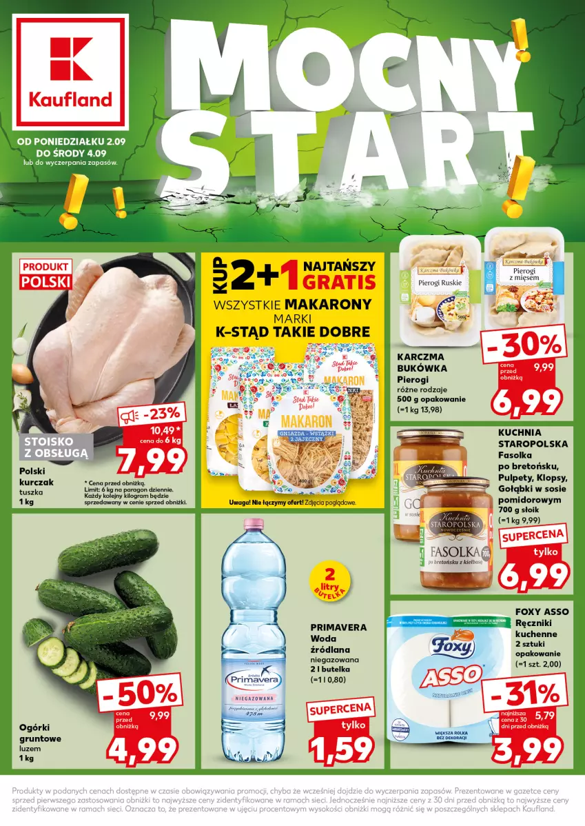 Gazetka promocyjna Kaufland - Kaufland - ważna 02.09 do 04.09.2024 - strona 1 - produkty: Fa, Foxy, Gra, Grunt, Kiełbasa, Kuchnia, Kuchnia Staropolska, Kurczak, LANA, Makaron, Olej, Por, Prima, Primavera, Pulpety, Ręcznik, Sos, Tusz, Woda