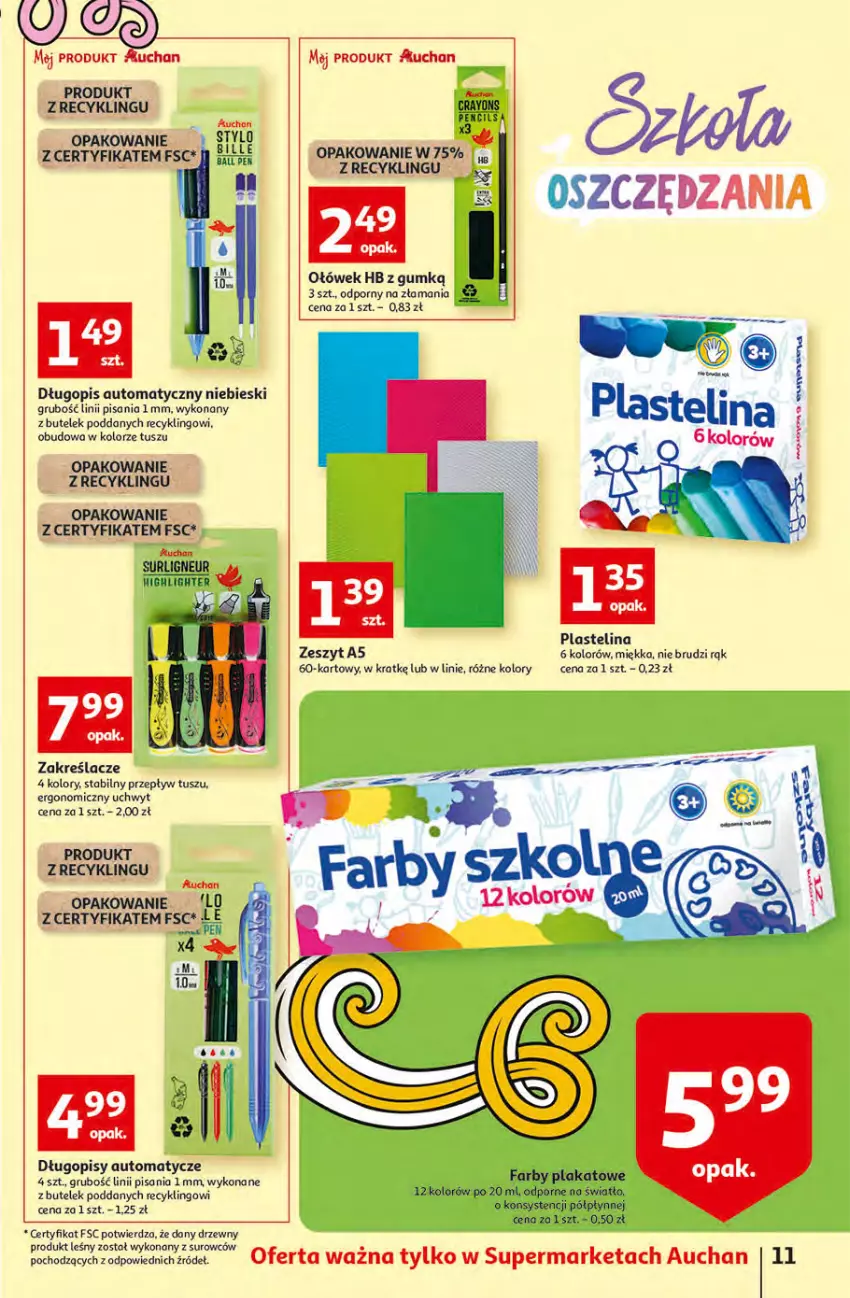 Gazetka promocyjna Auchan - Szkoła oszczędzania Supermarkety 25-31.08 - ważna 29.08 do 31.08.2022 - strona 11 - produkty: Długopis, Fa, Plastelina, Por, Tusz