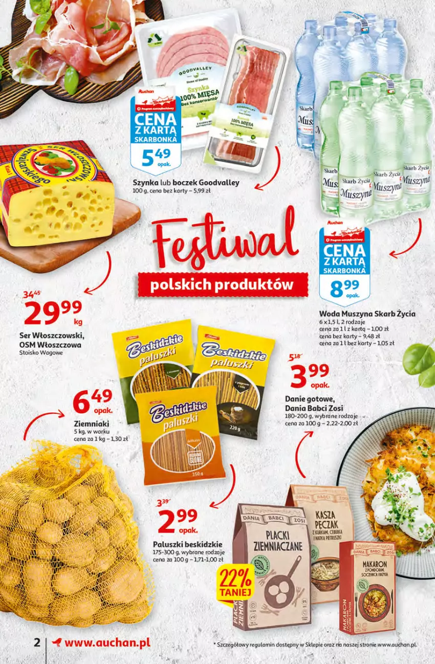 Gazetka promocyjna Auchan - Szkoła oszczędzania Supermarkety 25-31.08 - ważna 29.08 do 31.08.2022 - strona 2 - produkty: Beskidzki, Boczek, Danie gotowe, Mus, Ser, Szyna, Szynka, Włoszczowski, Woda, Ziemniaki