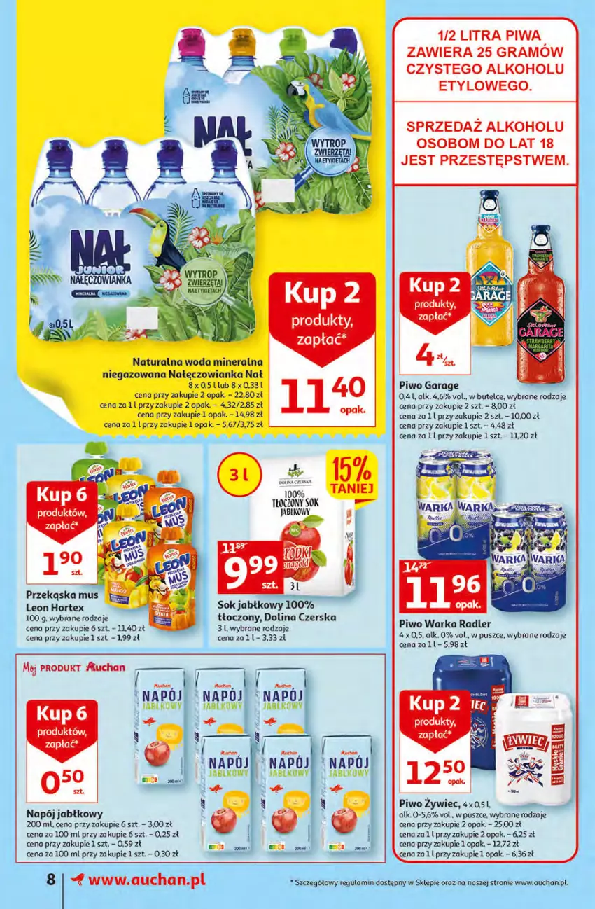 Gazetka promocyjna Auchan - Szkoła oszczędzania Supermarkety 25-31.08 - ważna 29.08 do 31.08.2022 - strona 8 - produkty: Gra, Hortex, Leon, Mus, Nałęczowianka, Napój, Piwa, Piwo, Radler, Sok, Sok jabłkowy, Warka, Woda, Woda mineralna