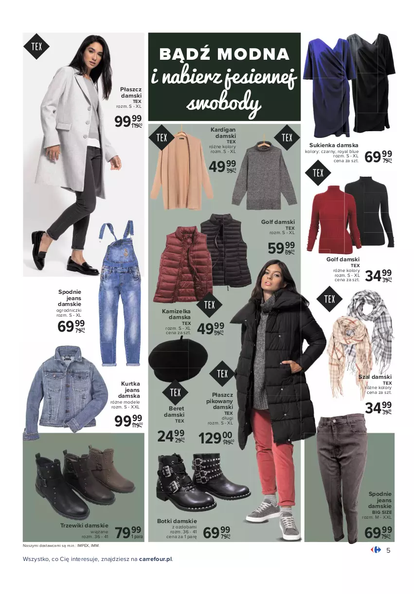 Gazetka promocyjna Carrefour - Gazetka Modne trendy - ważna 12.10 do 24.10.2021 - strona 5 - produkty: Body, Botki, Kamizelka, Kardigan, Kurtka, Ozdoba, Płaszcz, Spodnie, Spodnie jeans, Sukienka, Szal