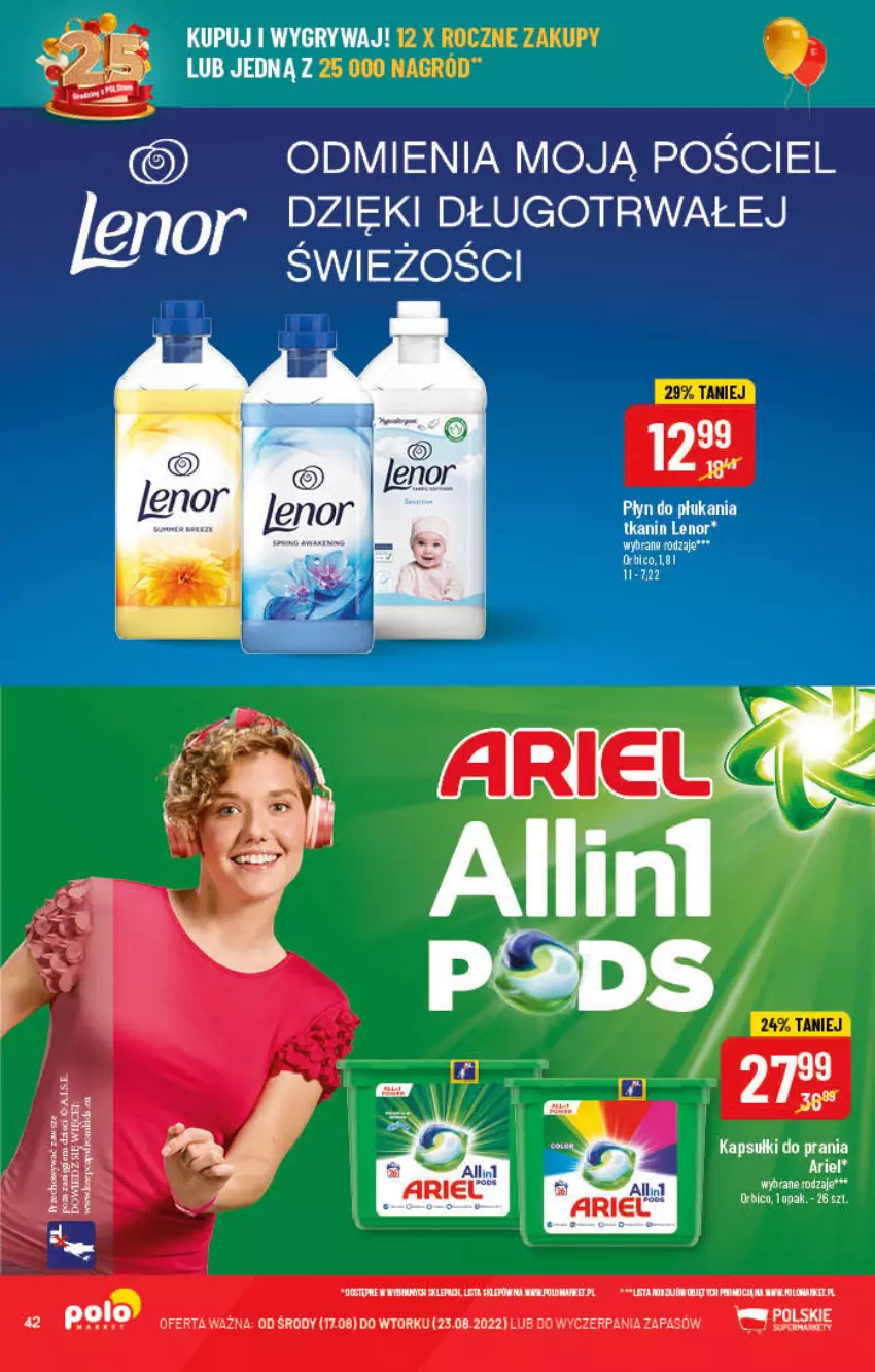 Gazetka promocyjna PoloMarket - Gazetka pomocyjna - ważna 17.08 do 23.08.2022 - strona 42 - produkty: Ariel, BIC, Kapsułki do prania, Lenor, Płyn do płukania, Pościel