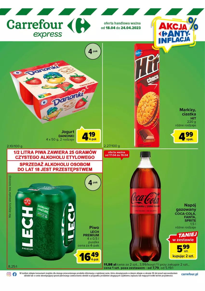 Gazetka promocyjna Carrefour - Gazetka Express - ważna 18.04 do 24.04.2023 - strona 2 - produkty: Ciastka, Coca-Cola, Danonki, Fa, Fanta, Gra, Jogurt, Kosz, Lech Premium, Napój, Napój gazowany, Piwa, Piwo, Sprite