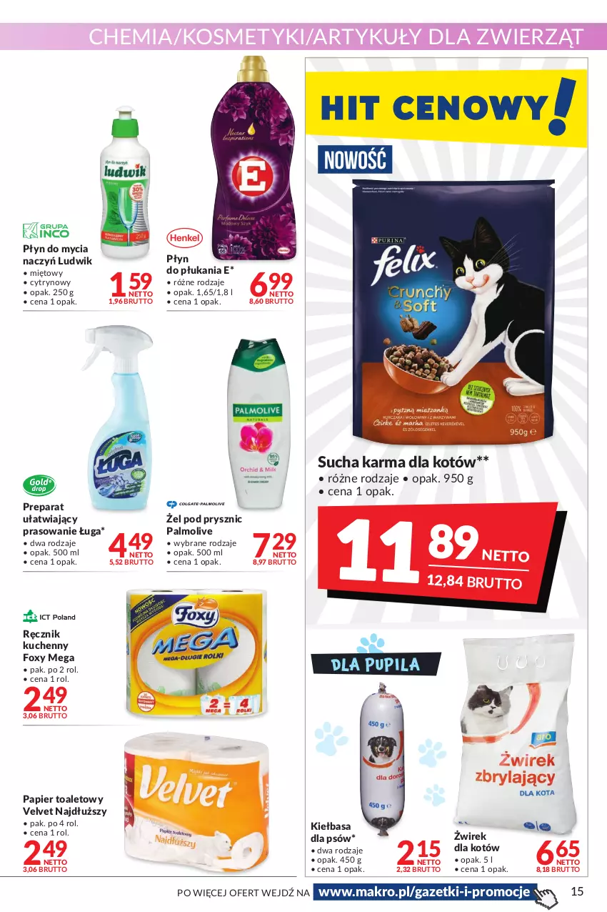 Gazetka promocyjna Makro - [Oferta promocyjna] Artykuły spożywcze i przemysłowe - ważna 31.05 do 13.06.2022 - strona 15 - produkty: Do mycia naczyń, Foxy, Kiełbasa, Ludwik, Palmolive, Papier, Papier toaletowy, Płyn do mycia, Płyn do mycia naczyń, Płyn do płukania, Ręcznik, Ręcznik kuchenny, Sucha karma, Velvet