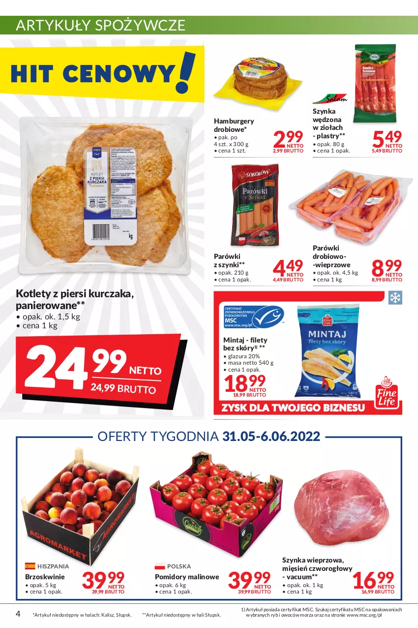 Gazetka promocyjna Makro - [Oferta promocyjna] Artykuły spożywcze i przemysłowe - ważna 31.05 do 13.06.2022 - strona 4 - produkty: Artykuły spożywcze, Brzoskwinie, Burger, Glazura, Hamburger, Kotlet, Kurczak, Lazur, Mintaj, Parówki, Parówki z szynki, Pomidory, Szynka, Szynka wieprzowa