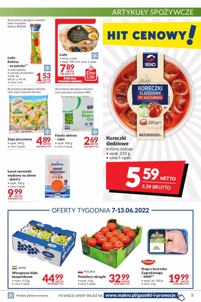 Gazetka promocyjna Makro - [Oferta promocyjna] Artykuły spożywcze i przemysłowe - ważna 31.05 do 13.06.2022 - strona 5 - produkty: Arbuz, Artykuły spożywcze, Fa, Fasola, Hortex, Kaktus, Koreczki śledziowe, Kurczak, Lody, Pomidory, Warzywa, Wino, Winogrona, Zupa