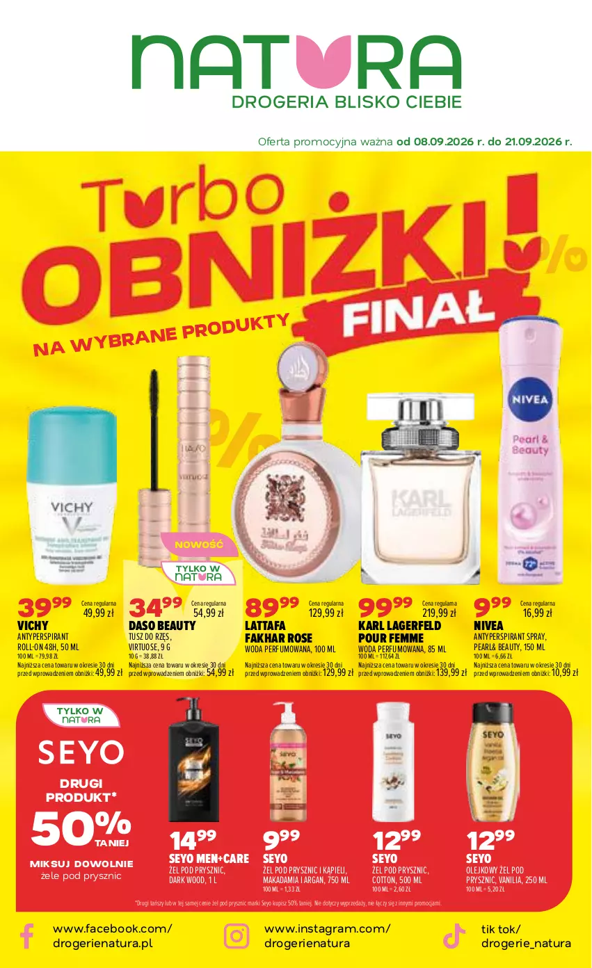 Gazetka promocyjna Drogerie Natura - Gazetka Drogerie Natura - ważna 08.09 do 21.09.2026 - strona 1 - produkty: Antyperspirant, Fa, Gra, Karl Lagerfeld, Nivea, Olej, Perfum, Tusz, Vichy, Virtu, Woda, Woda perfumowana